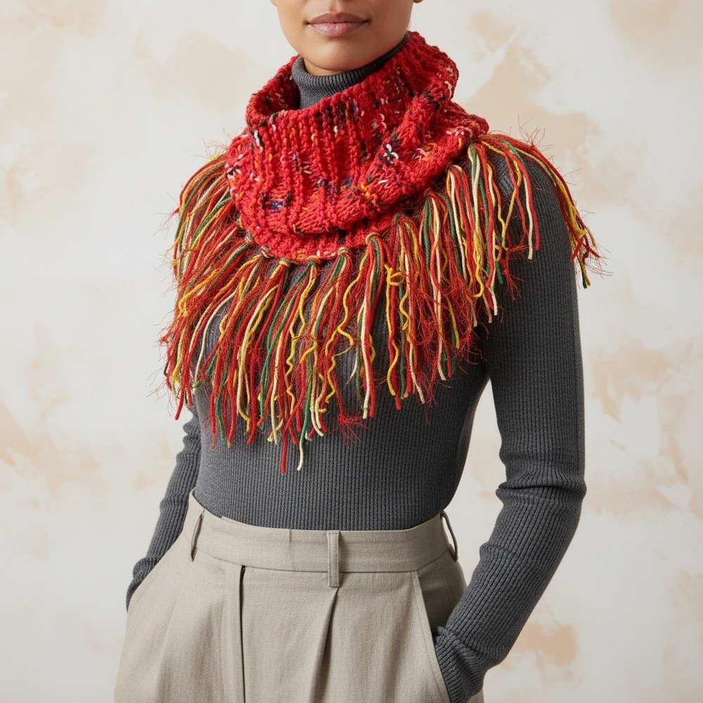 NEW Hand Knitted Red Multi Fleck Boho Cowl Scarf Fringe Indie Artsy Whimsy Fairy